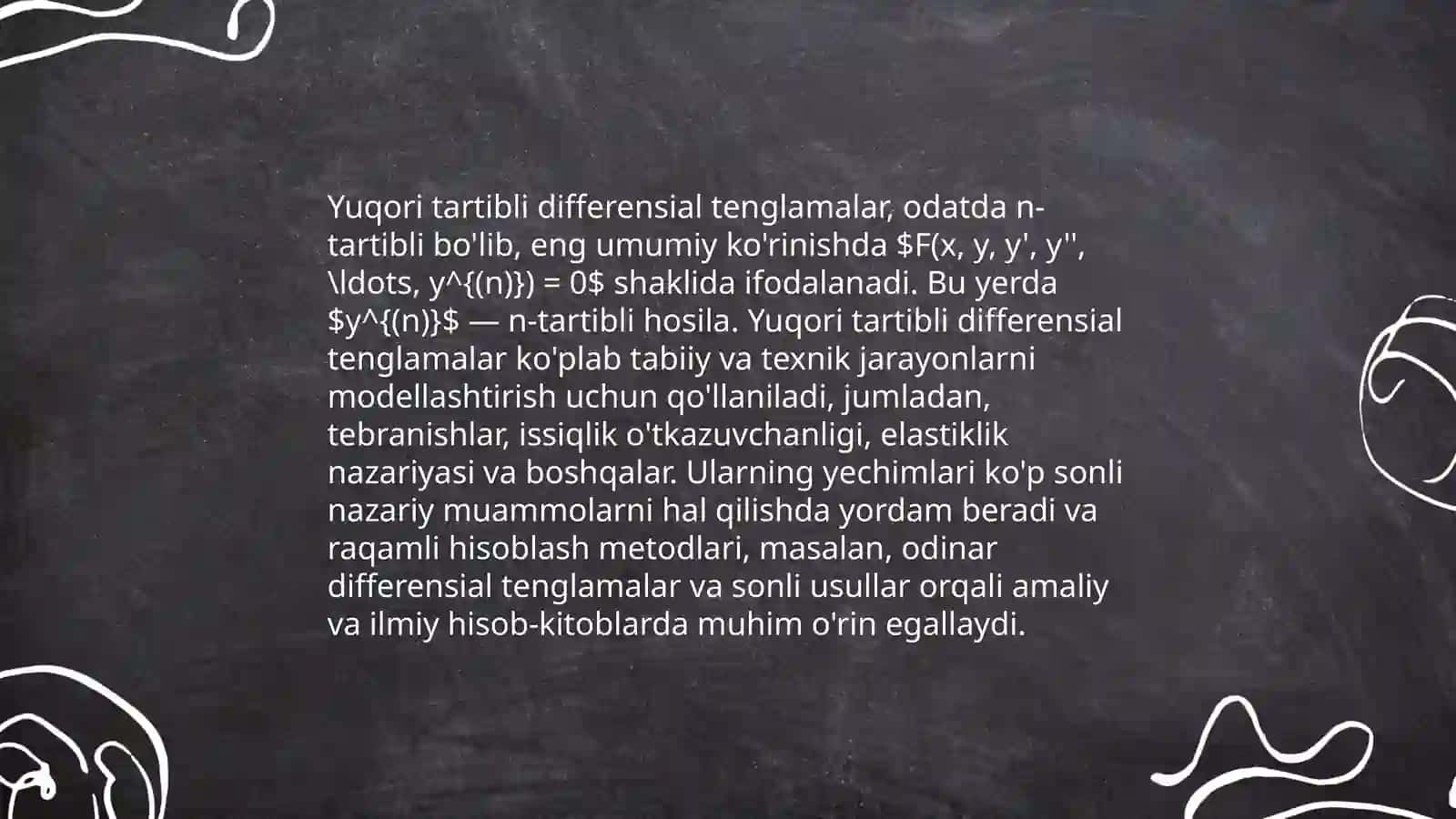 Yuqori tartibli differensial tenglamalar tushunchasi.Tartibini pasaytirishga imkon beradigan differensial tenglamalarning turlari.mavzuga oid masalalar 4