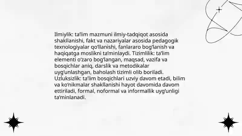Ta'lim jarayonining qonuniyatlari va tamoyillari. Ta'lim mazmuni 4