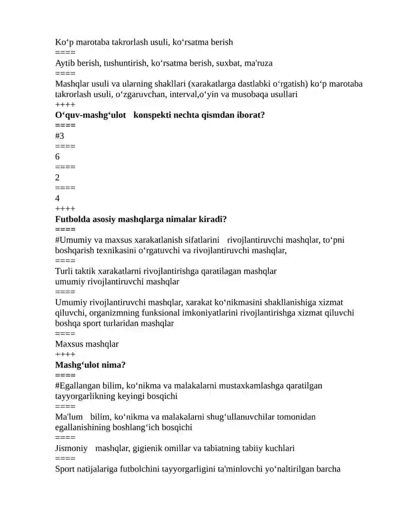 Futbol Nazariyasi va Uslubiyati Fanidan 200 ta Test Savollari II Bosqich Mutaxassislik Guruhlari uchun 4