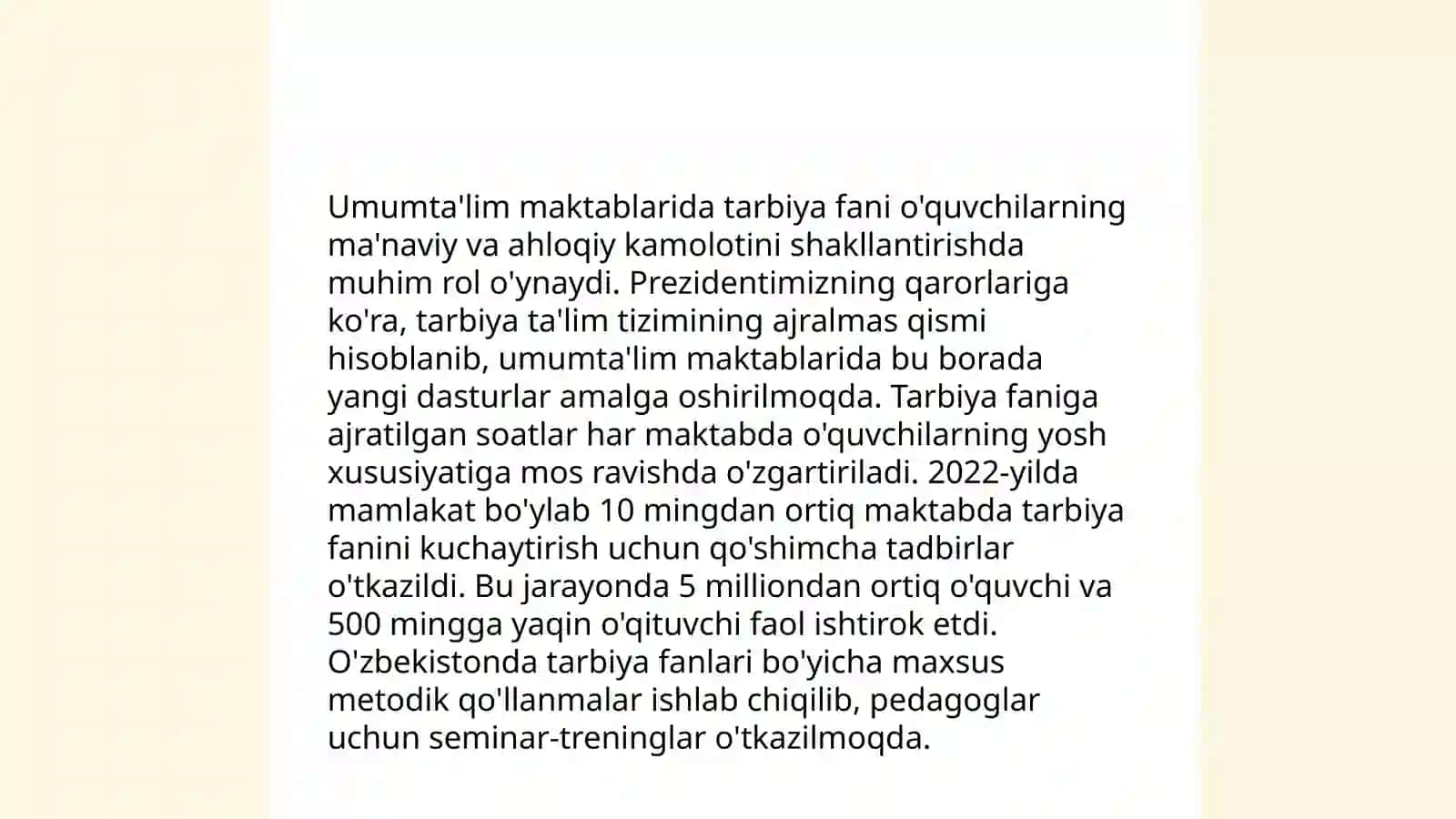 "Umumta'lim maktablarida tarbiya fanini o'qitish metodikasi jarayoni yaxlit tizim sifatida" mavzusida esse yozish 4