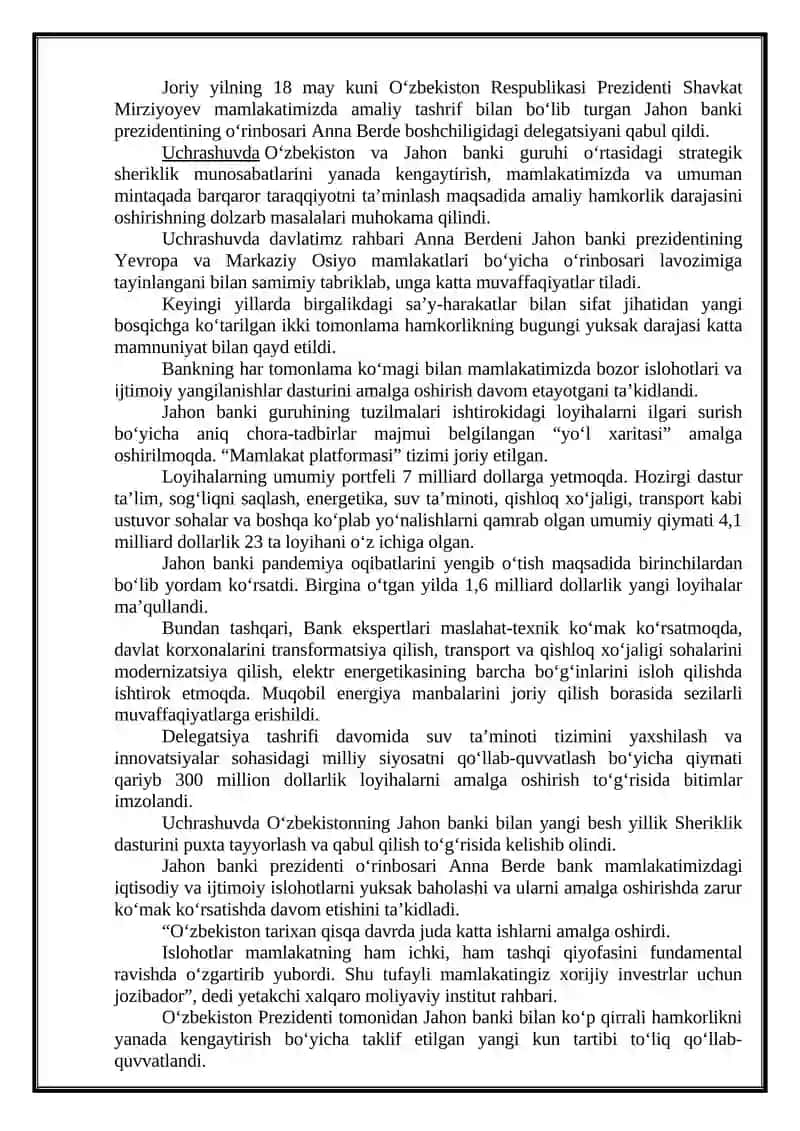 O‘ZBEKISTON RESPUBLIKASIDAGI IQTISODIY, IJTIMOIY-SIYOSIY VOQEALARGA DOIR MA’LUMOTLAR 4