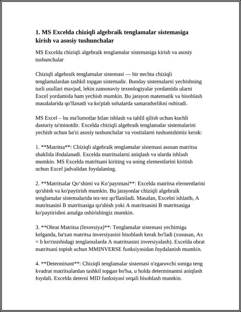 MS EXCEL DASTURI ELEKTRON JADVALIDA CHIZIQLI ALGEBRAIK TENGLAMALAR SISTEMASINI YECHISH 4