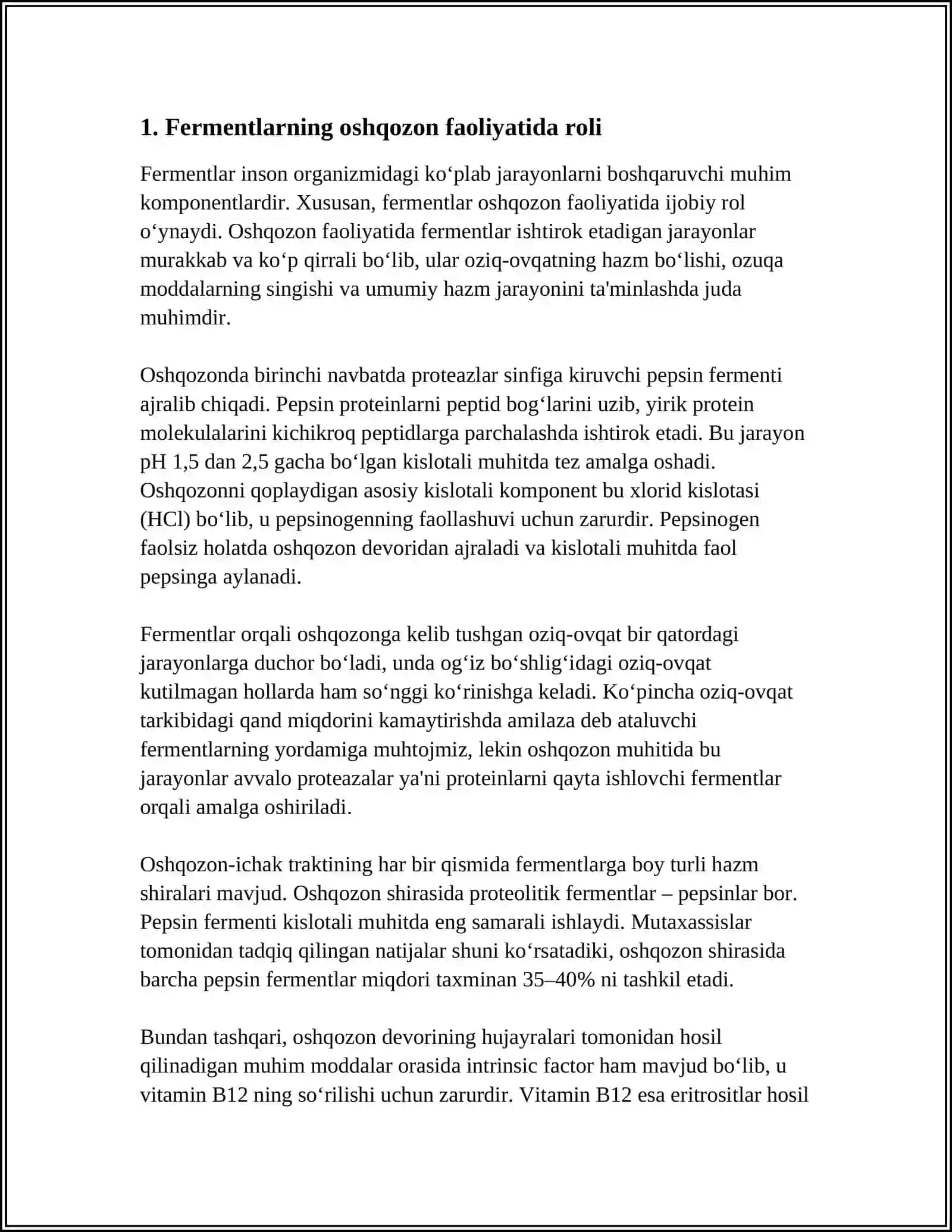 FERMENTLAR FAOLLIGINI OSHQOZON KISLOTALIGINI GIPO- VA GIPERATSID XOLATLARDA O’ZGARISHI VA TIKLASH CHORALARI. TIBBIYOTDA FERMENTLARNING QO’LLANILISHI. ONTOGENEZDA FERMENTLAR FAOLLIGINI BOSHQARILISHINING AHAMIYATI. NASLIY FERMENTOPATIYALAR 4
