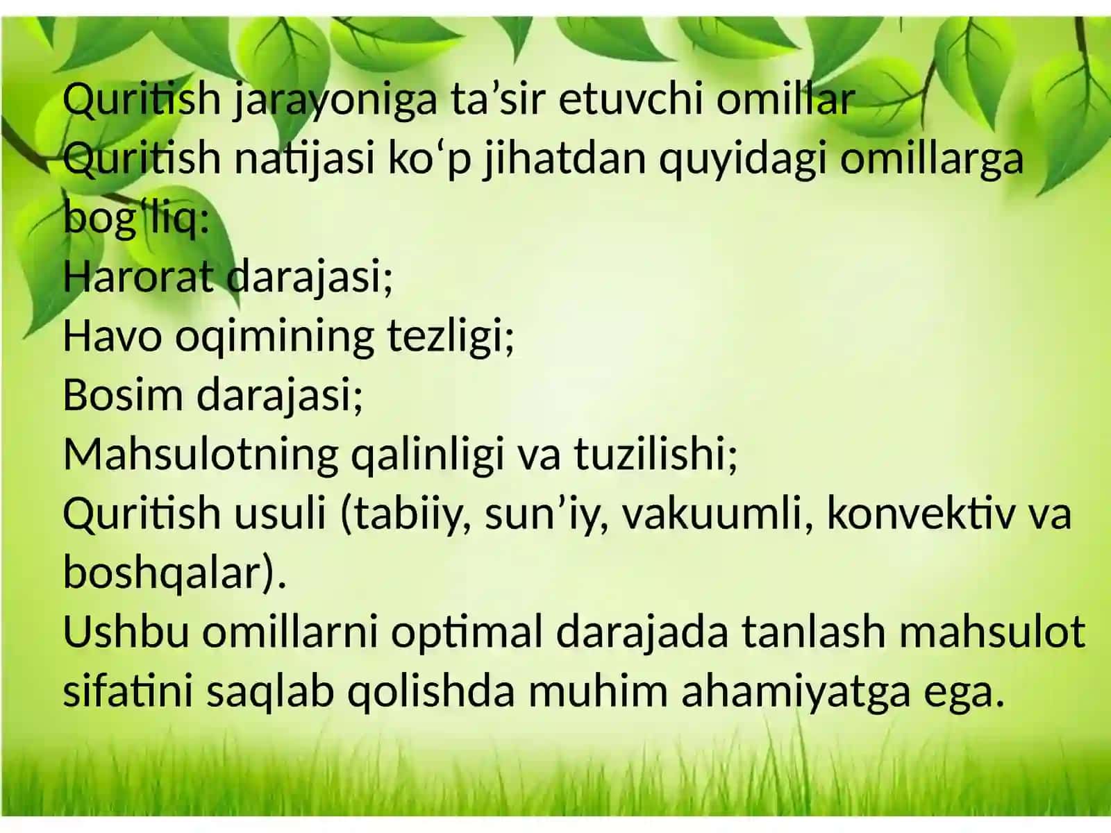 Quritish jarayonida mahsulotlar sifat koʻrsatkichlarini oʻrganish 4