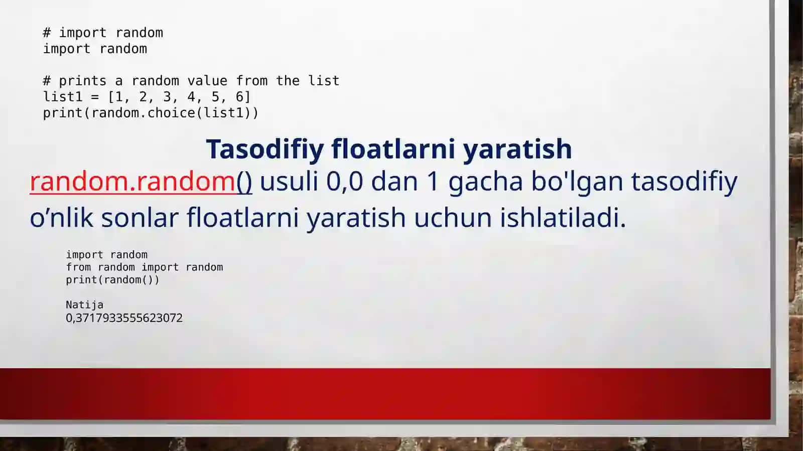 Python dasturlash tilida tasodifiy sonlar 4