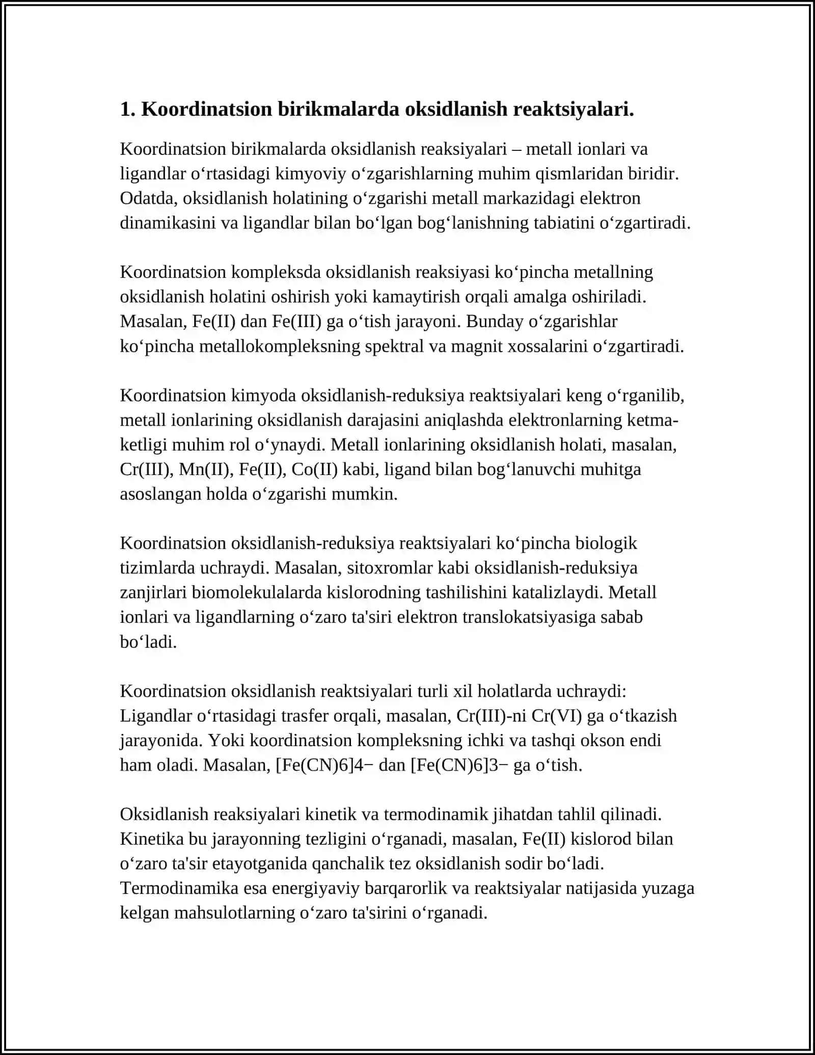 KOORDINATSION BIRIKMALARDA SODIR BÕLADIGAN OKSIDLANISH VA QAYTARILISH REAKSIYALARI 4