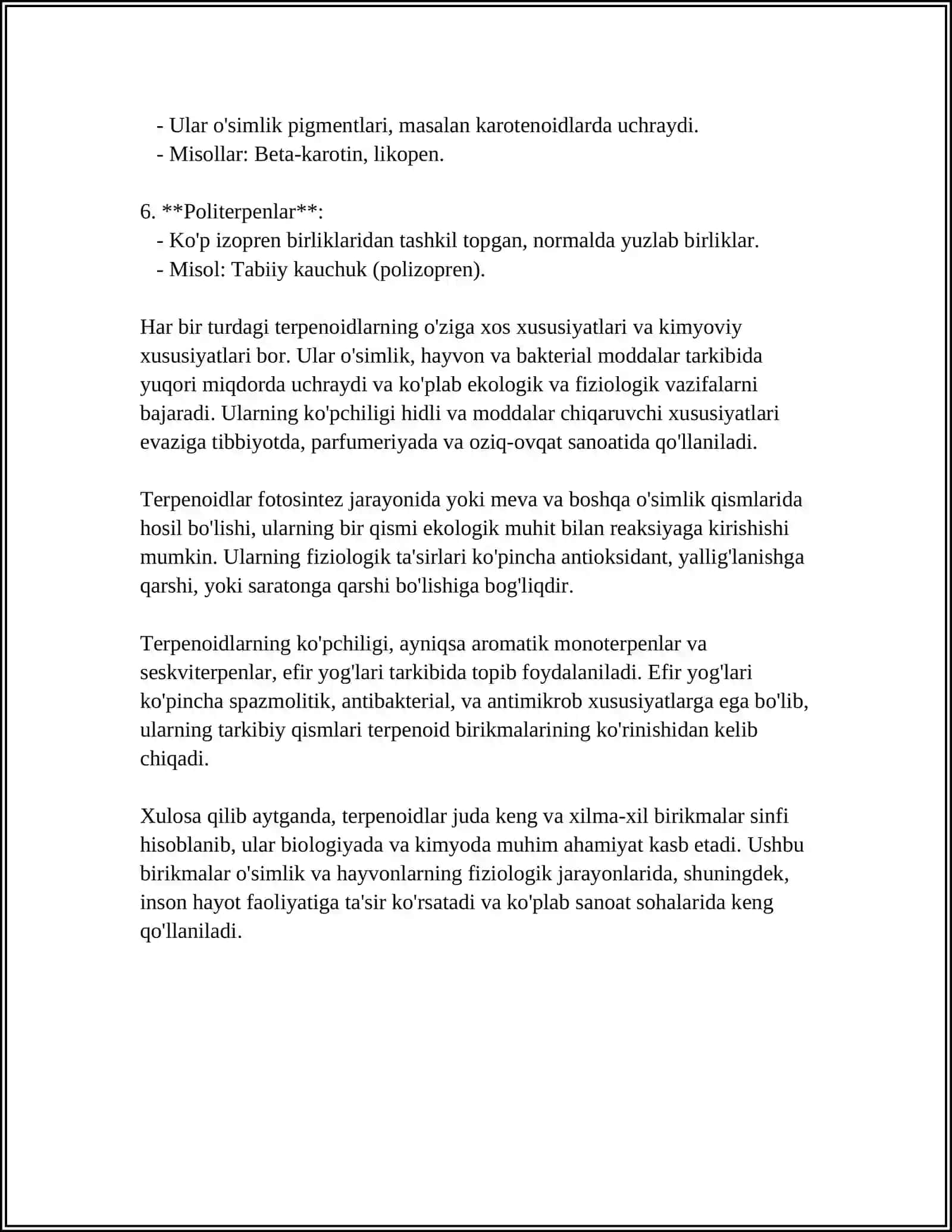 TERPROIDLARNING KIMYOVIY TASNIFI. EFIR MOYLARINING FIZIK KONSTANTALARI: QUIBLANGAN NUR TEKILIGINI OG' DIRISH KO RSATKICHINI ANIQLASH; EFIR MOYLARINING ERUVCHANLIGINI ANIQLASH. EVKALIPT TURLARI, OG GAYIN, KIYIK O'TI 4