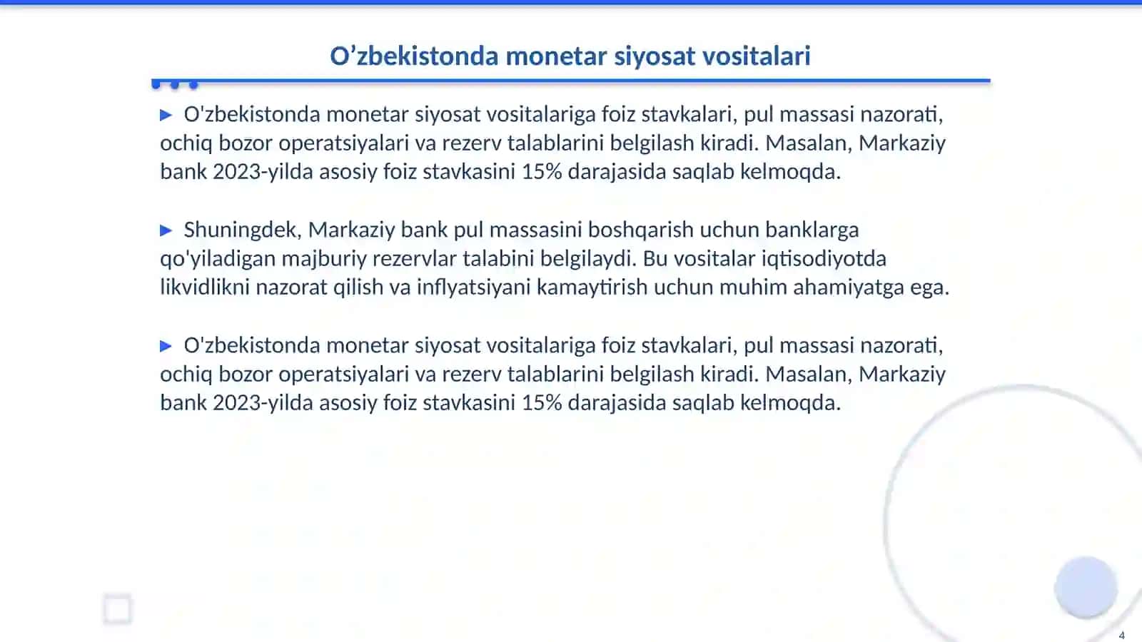 Monetar siyosat vositalari Va O’zbekiston Markaziy banki tajribasi 4