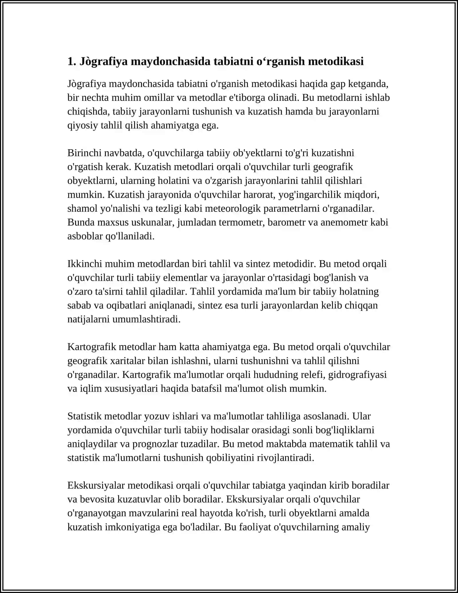 JÒĢROFIYA MAYDONCHASI, TIRIK TABIAT BURCHAGI, ÒQUV TAJRIBA UCHASTKASIDA DARSLARNI ÒTKAZISH METODIKASI 4