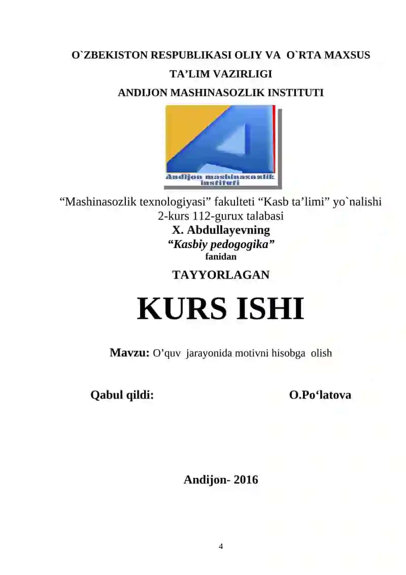 Kurs ishi: O’quv jarayonida motivni hisobga olish 4