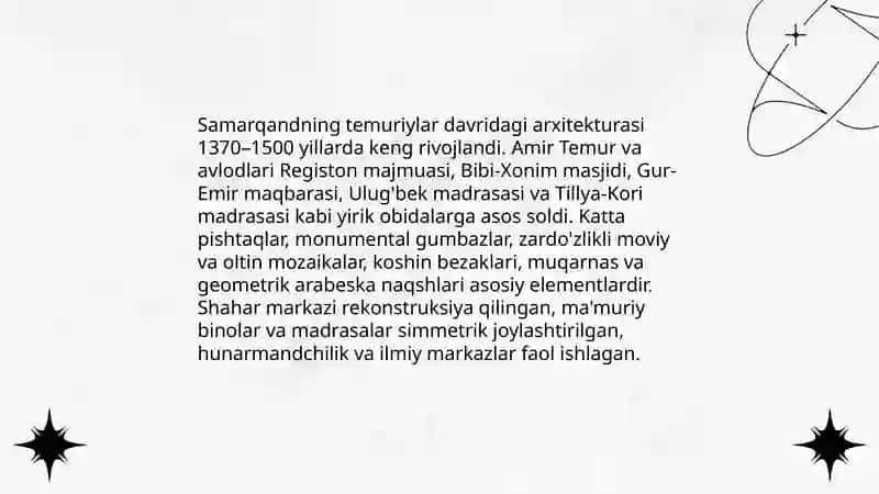 Amir Temur va temuriylar davri madaniyati ( XIV asr 2-yarmi XV asr) 4
