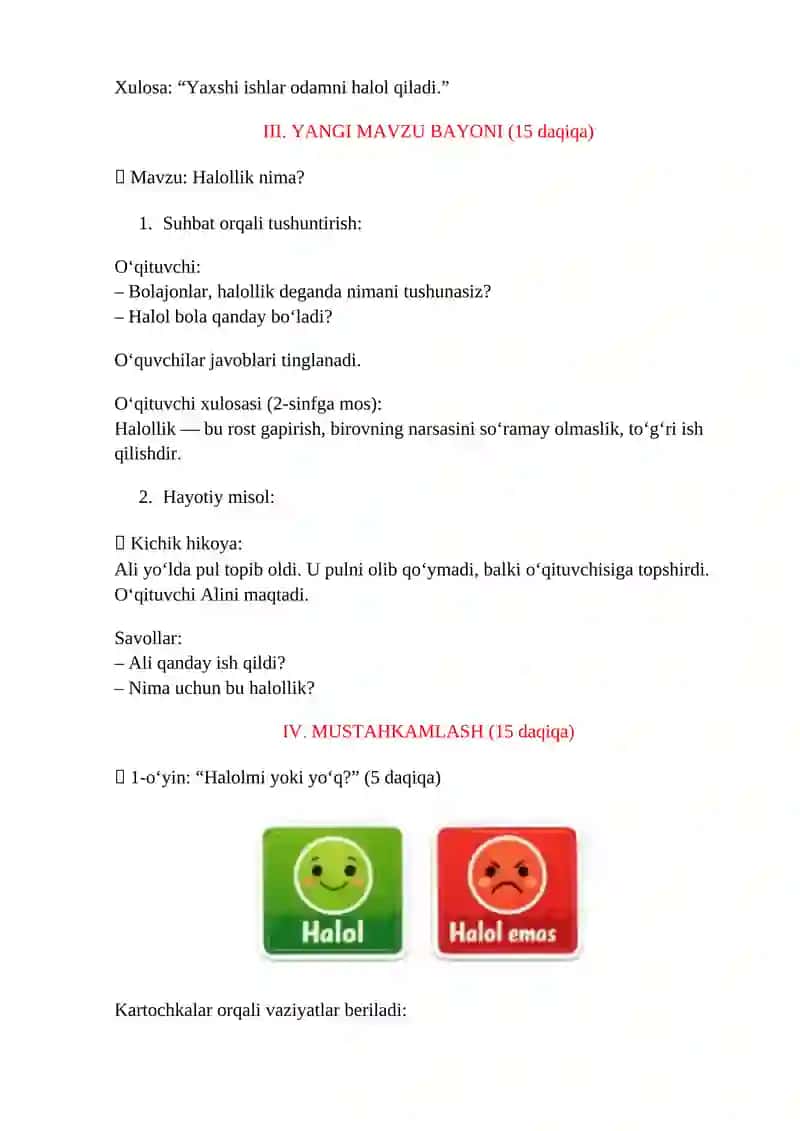 dars ishlanma, HALOLLIK NIMA? mavzusida , Fan tarbiya Sinf 2 4