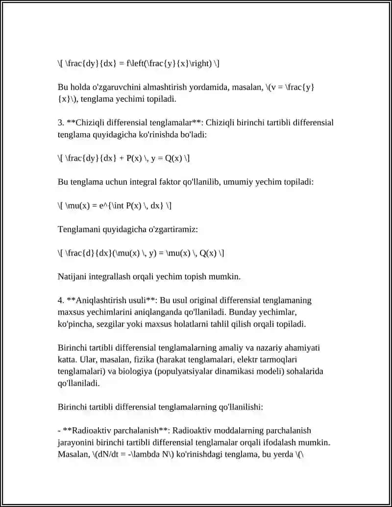 MUSTAQIL ISH Mavzu: BIRINCHI TARTIBLI DIFFERENSIAL TENGLAMALAR. 4