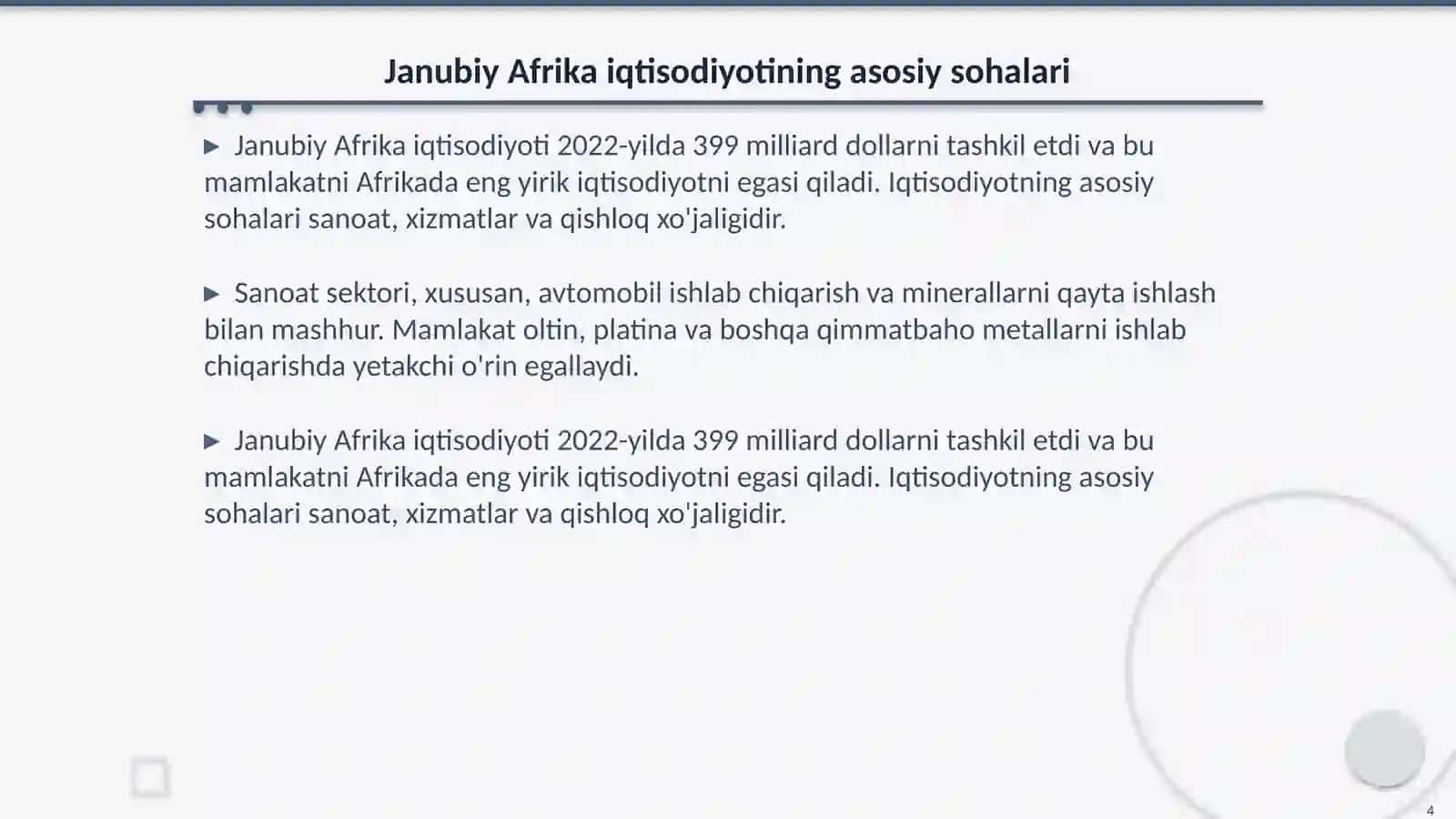 Afrika mamlakatlari aholisi va xo'jaligi. Janubiy Afrika Respublikasi 4