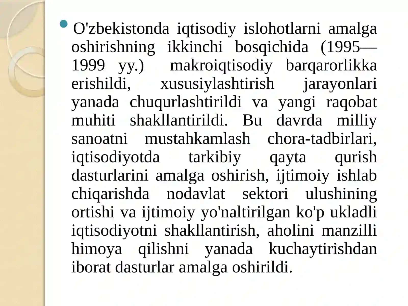 Iqtisodiy islohotlar, xususiy muhlkchilikning shakllanishi. O’zbekistondada bozor munosabatlarining rivojlanishi 4