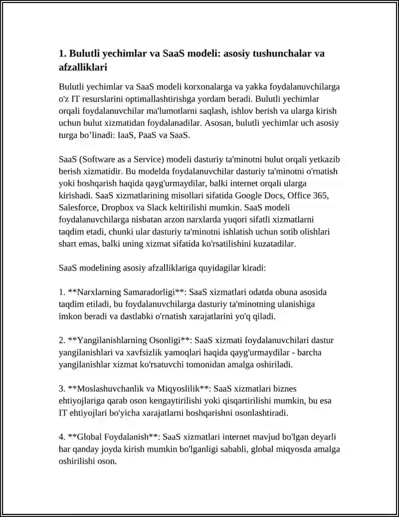 BULUTLI YECHIMLAR SAAS VA BULUTLI INFROTUZILMASI IAAS RAWAMLI PLATFORMALAR PAAS 4