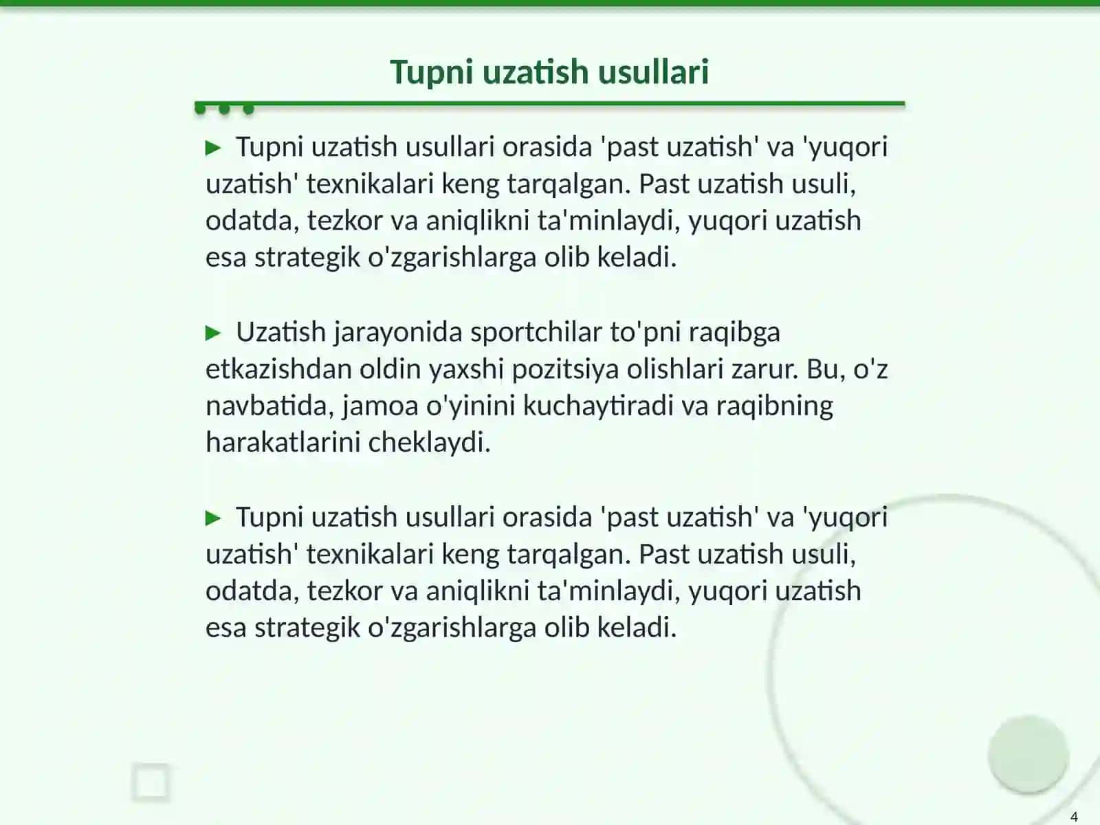Valibol tupini qabul qilish va uzatish texnikasi 4