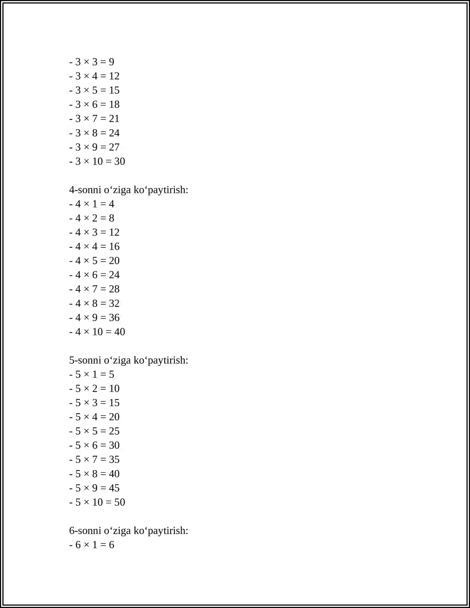 Karra jadvali (multiplikatsion jadval) 4