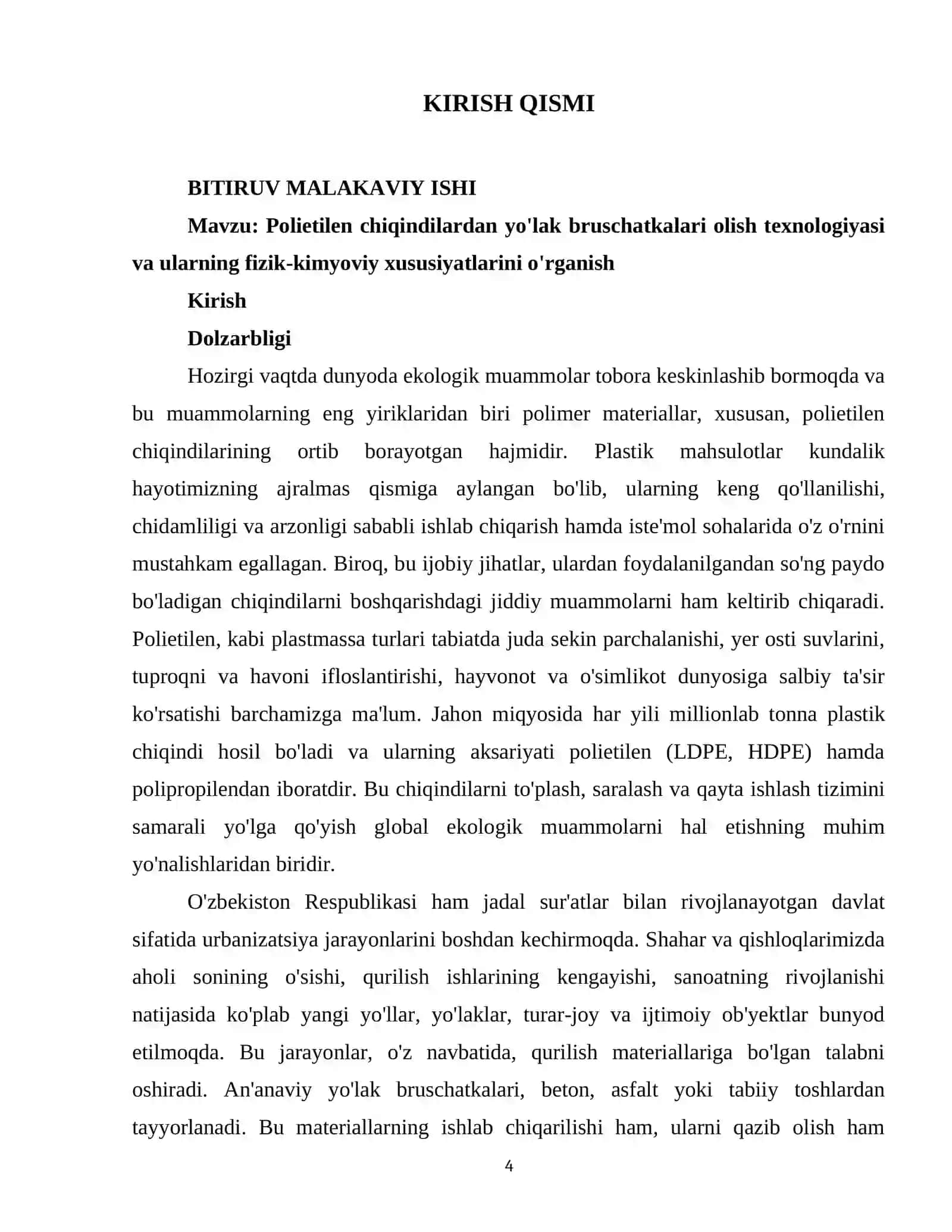 Polietilen chiqindilardan yo'lak bruschatkalari olish texnologiyasi va ularning fizik-kimyoviy xususiyatlarini o'rganish 4