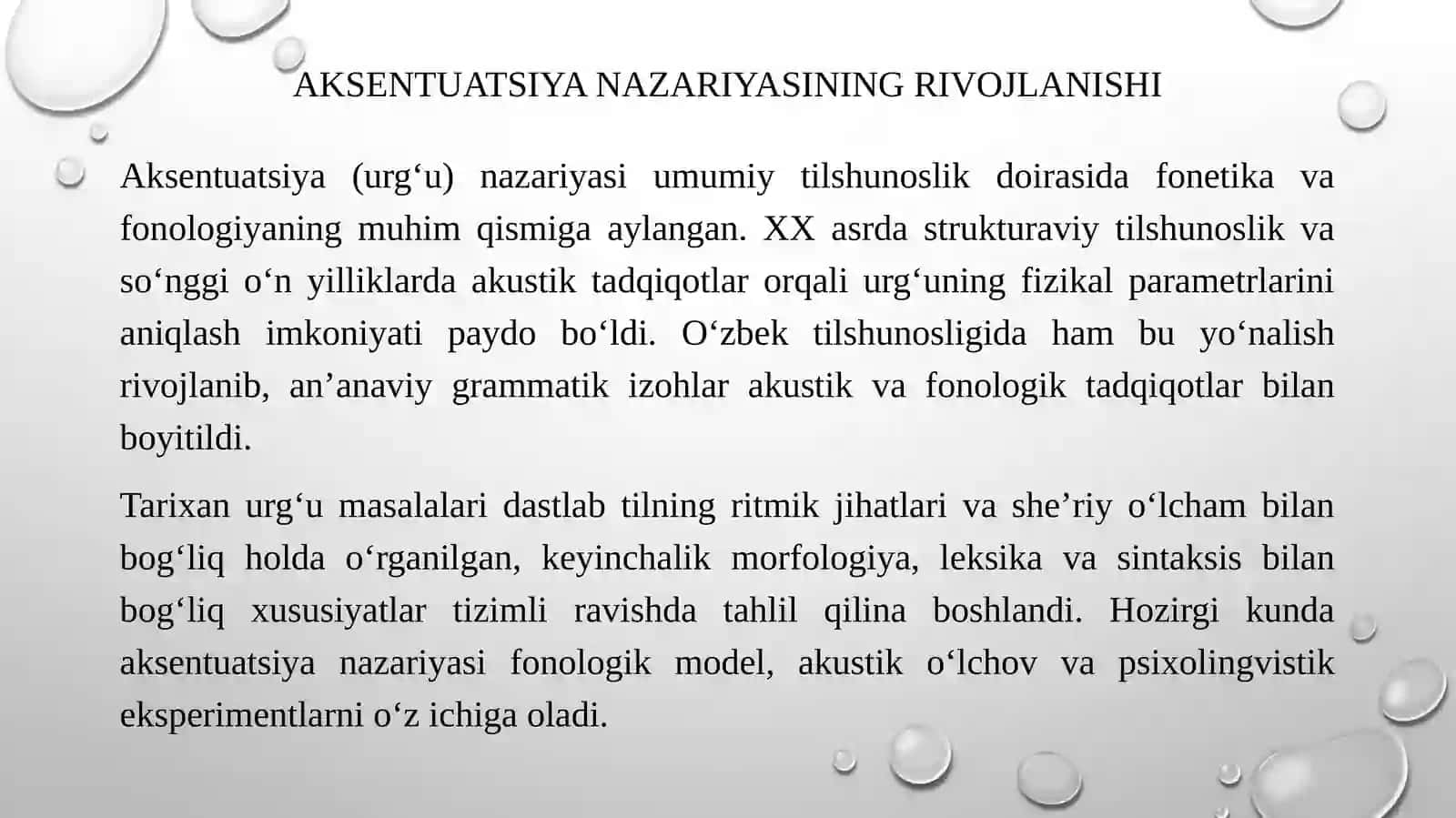 O’zbek tilshunosligida aksentuatsiya va sillabika. Urg’u va bo’g’in 4