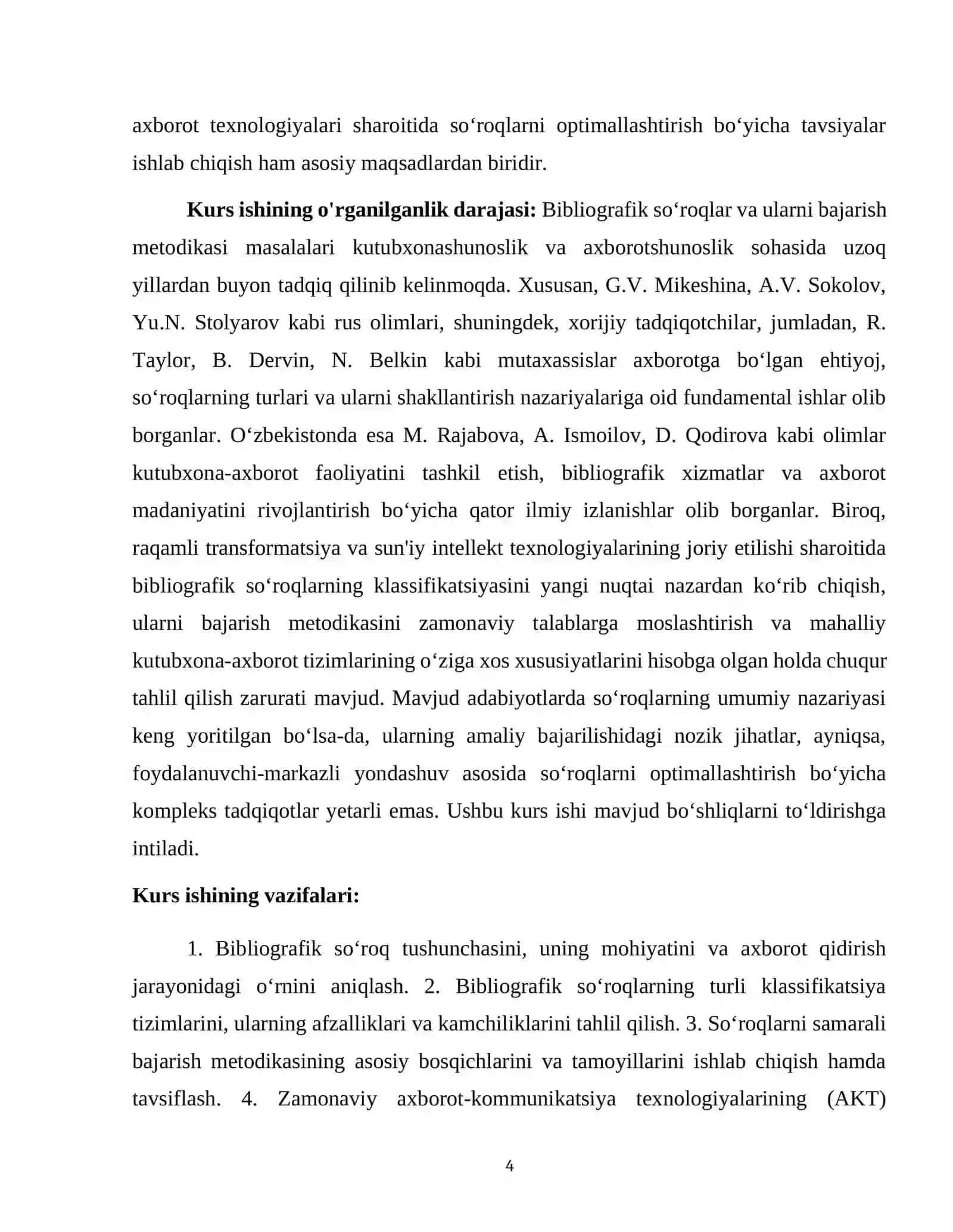 KURS ISHI "BIBLIOGRAFIK SOʻROQLAR KLASSIFIKATSIYASI. SOʻROQLARNI BAJARISH METODIKASI" 4