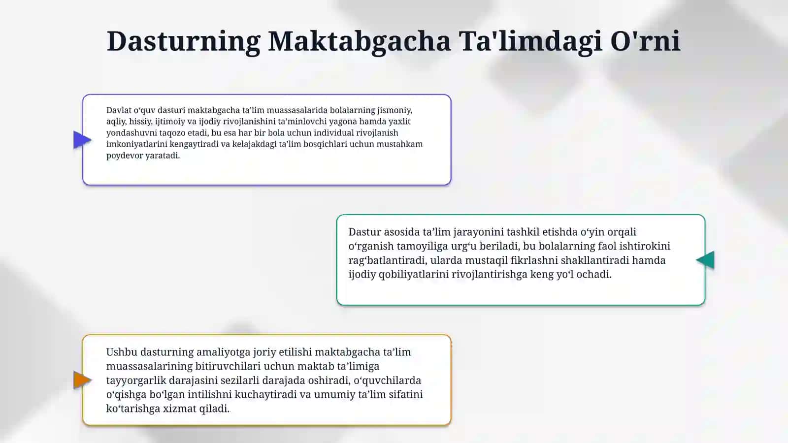 Ilk qadam davlat o‘quv dasturi va uningamaliyotdagi o‘rni .Maktabgacha ta‘limda markazlar faoliyatida olib boriladigan ishlar.Ta‘limiy faoliyatni tashkil etish va unga rahbarlik 4