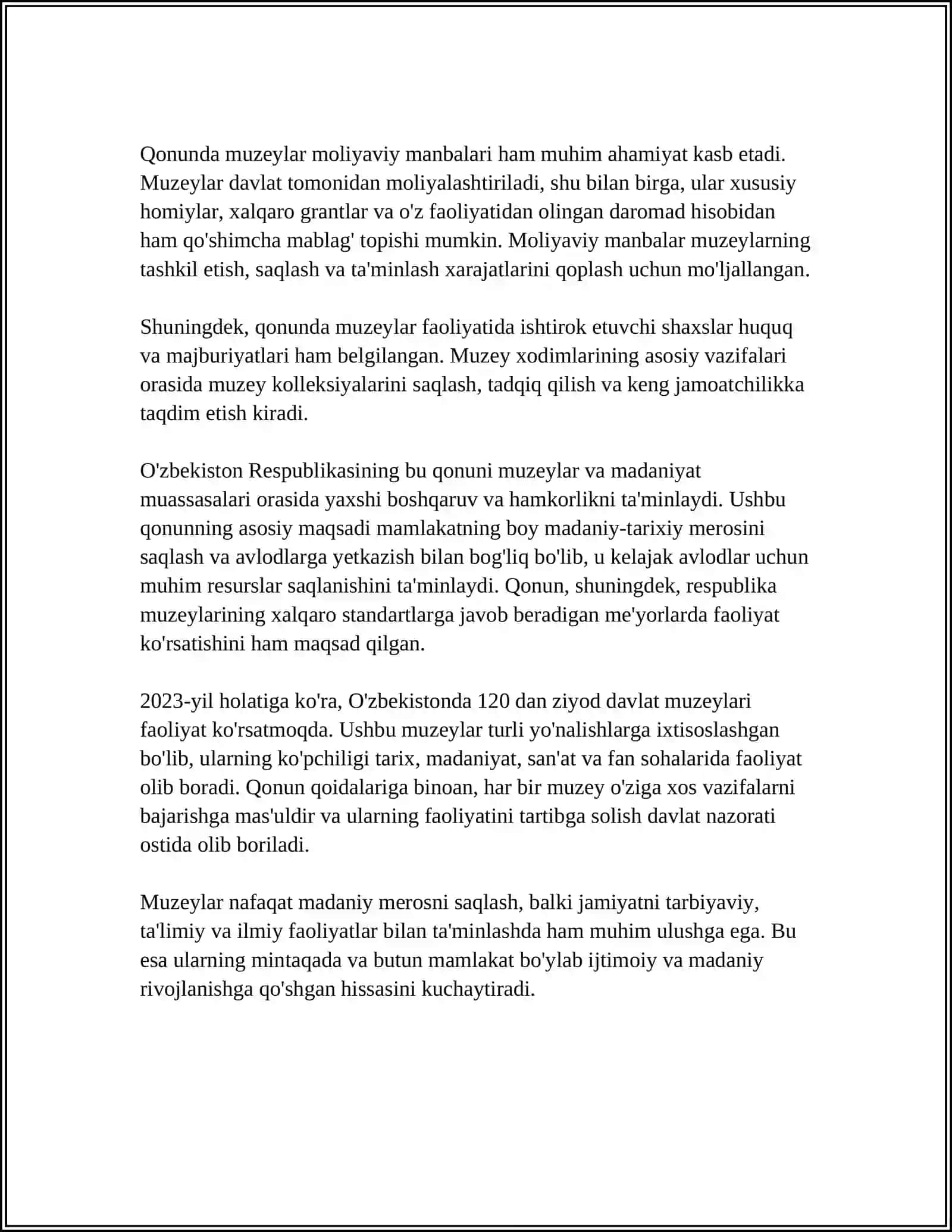 O‘ZBEKISTONDA MUZEY FAOLIYATIGA DOIR NORMATIV XUQUQIY XUJJATLAR 4