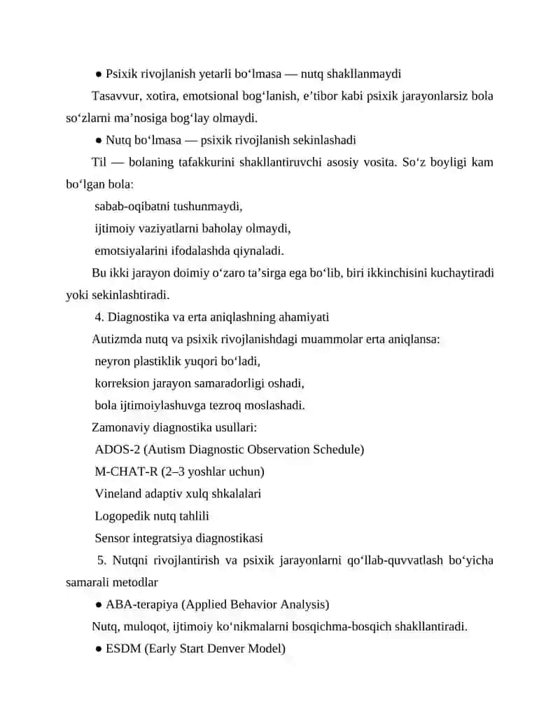 AUTIZM SPEKTRIDAGI BOLALARDA NUTQ VA PSIXIK RIVOJLANISHNING O‘ZARO BOG‘LIQLIGI 4