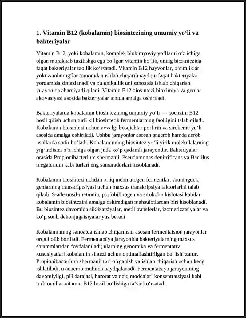 BAKTERIYALAR YORDAMIDA VITAMINLAR (B12, K2) BIOSINTEZI VA ULARNING SANOATDA ISHLAB CHIQARISHIDA QO‘LLANILISHI 4