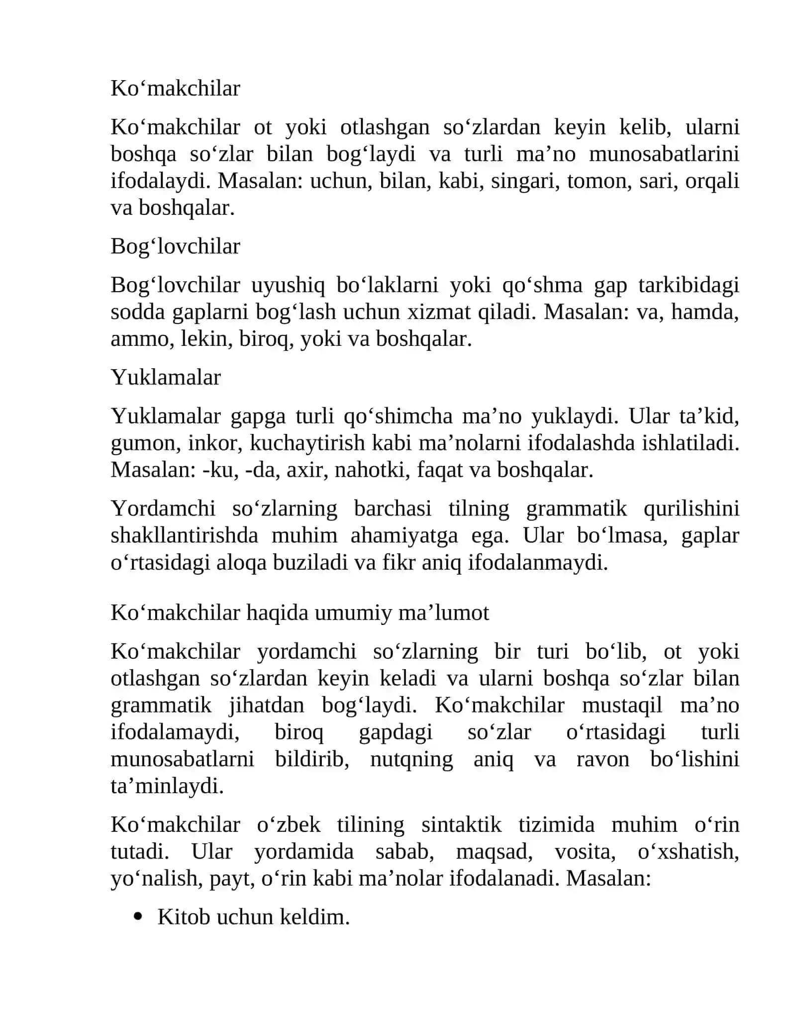 YORDAMCHI SOʻZLAR HAQIDA UMUMIY MA’LUMOT. KOʻMAKCHILAR 4