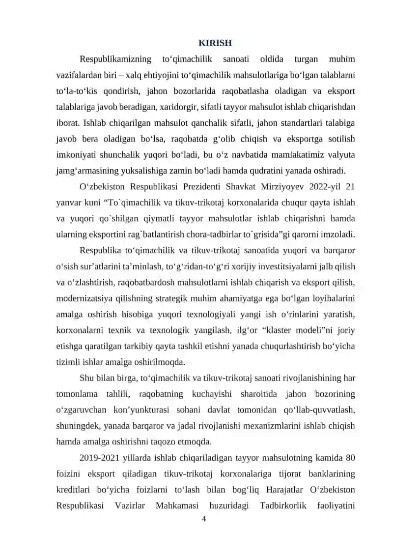 Quvvati 2,5 mln m2 ga teng bo'lgan artikuli 3610 "Velvet Evrika" to'qimasiniishlab chiqarish uchun zamonaviytexnologik jarayonlar loyihasi ishlab chiqish. korxonasining texnologik jarayonlarni loyihalash 4