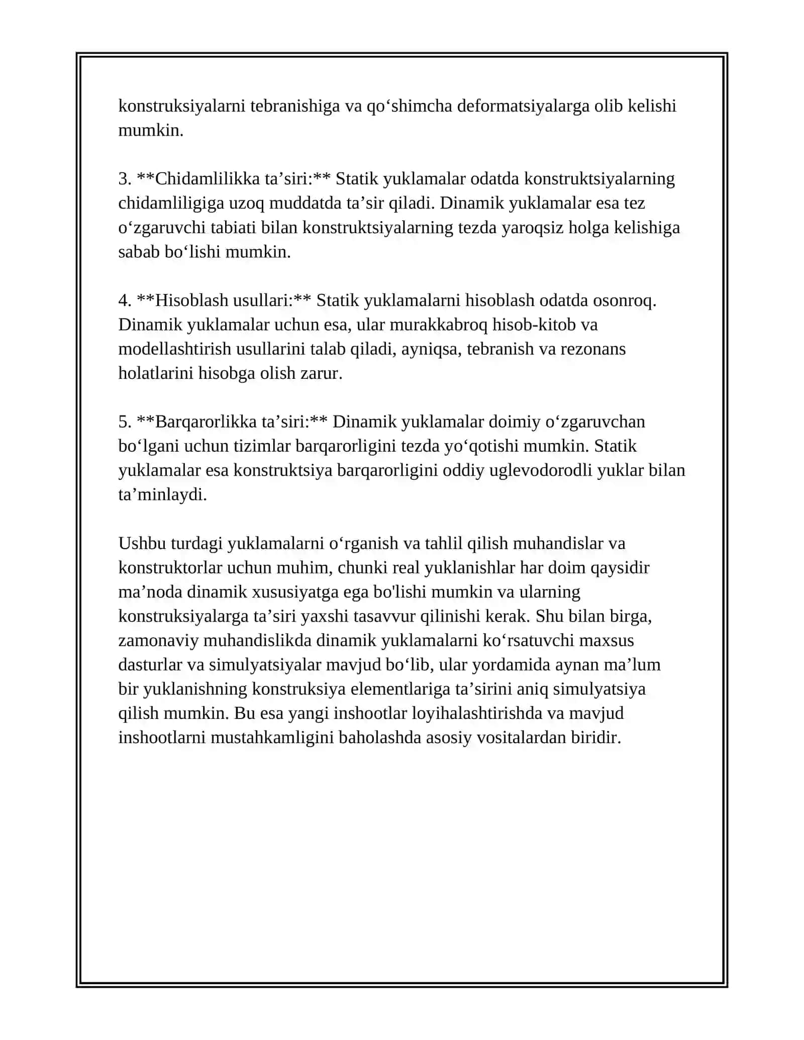 REAL YUKLANISHLARNING KONSTRUKSIYALAR MUSTAHKAMLIGIGA TA’SIRI: STATIK VA DINAMIK YUKLAMALARNI SOLISHTIRISH 4