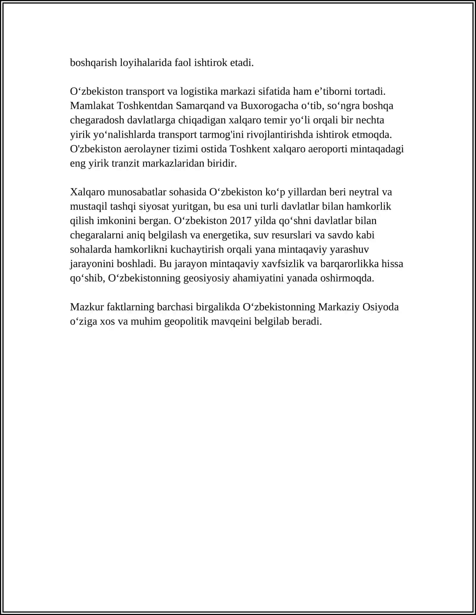 OʻZBEKISTONNING MARKAZIY OSIYODA TINCHLIK VA BARQARORLIKNI TAʼMINLASHDAGI OʻRNI 4
