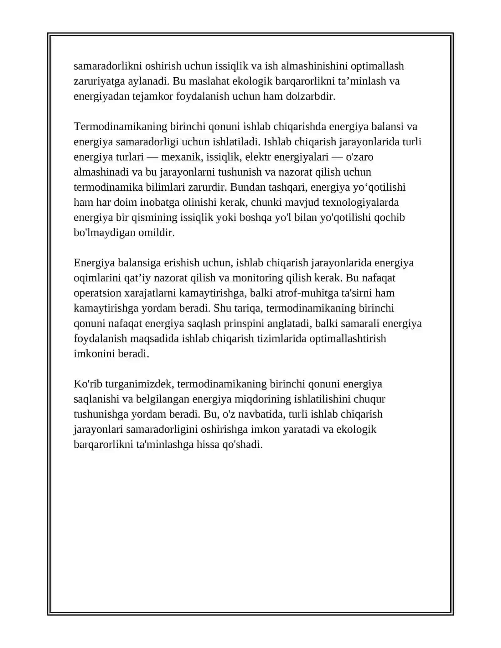TERMODINAMIKANING BIRINCHI QONUNI VA UNI ISHLAB CHIQARISH JARAYONLARIDAGI ROLI 4