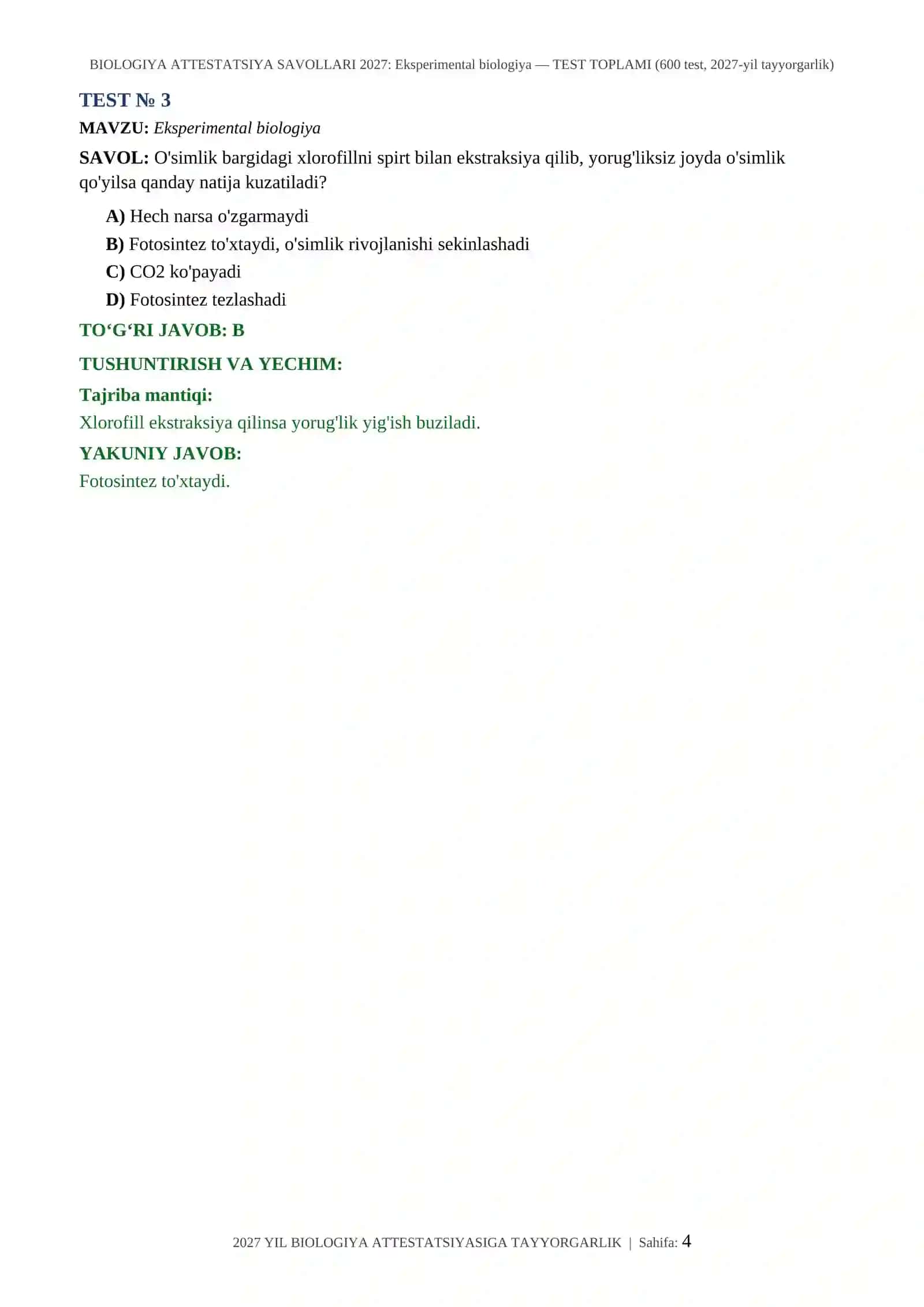 BIOLOGIYA ATTESTATSIYA SAVOLLARI 2027: Eksperimental biologiya 4