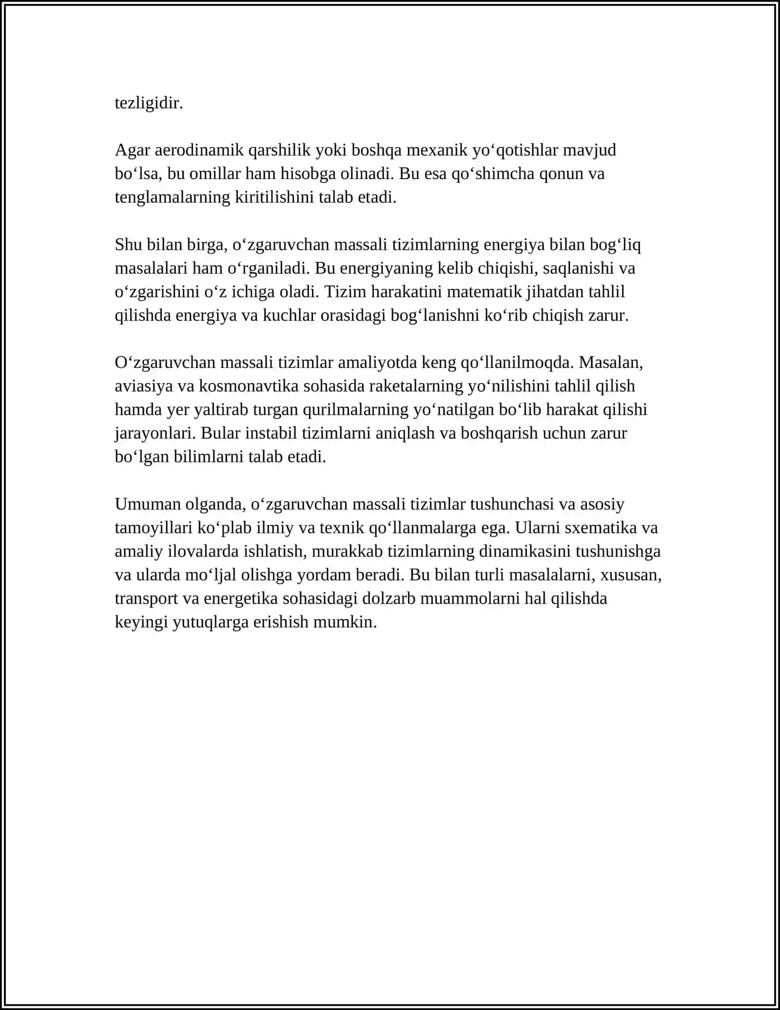 O‘zgaruvchan Massali Tizimlar 4