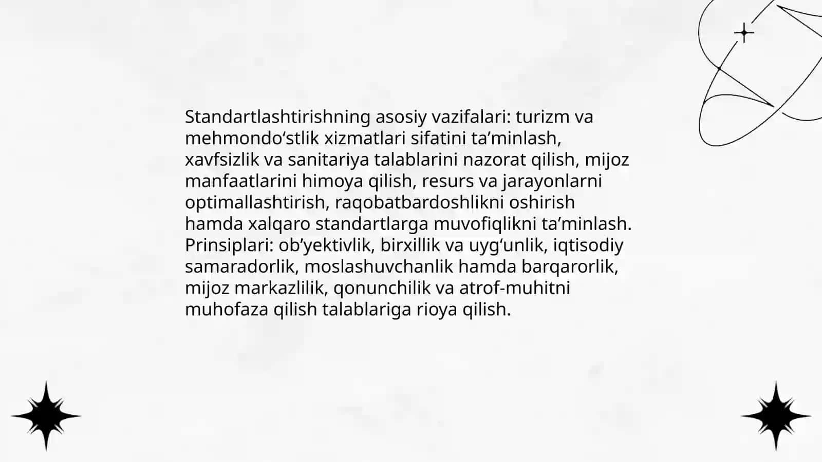 Turizm va mehmondoʻstlikka standartlashtirish va sertifikatlashtirish fanining maqsadi va vazifalari 4