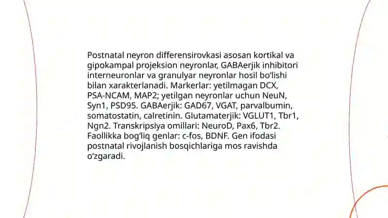 Bolalarda bosh miyaninh morfologik va funksional xususiyatlari. Tugʻilgandan keyin markaziy asab tizimining oʻsishi va differensirofkasi: neyronlar differensirofkasi, mielinizatsiya jarayoni, asab tizimining har xil boʻlimlarini rivojlanishi 4