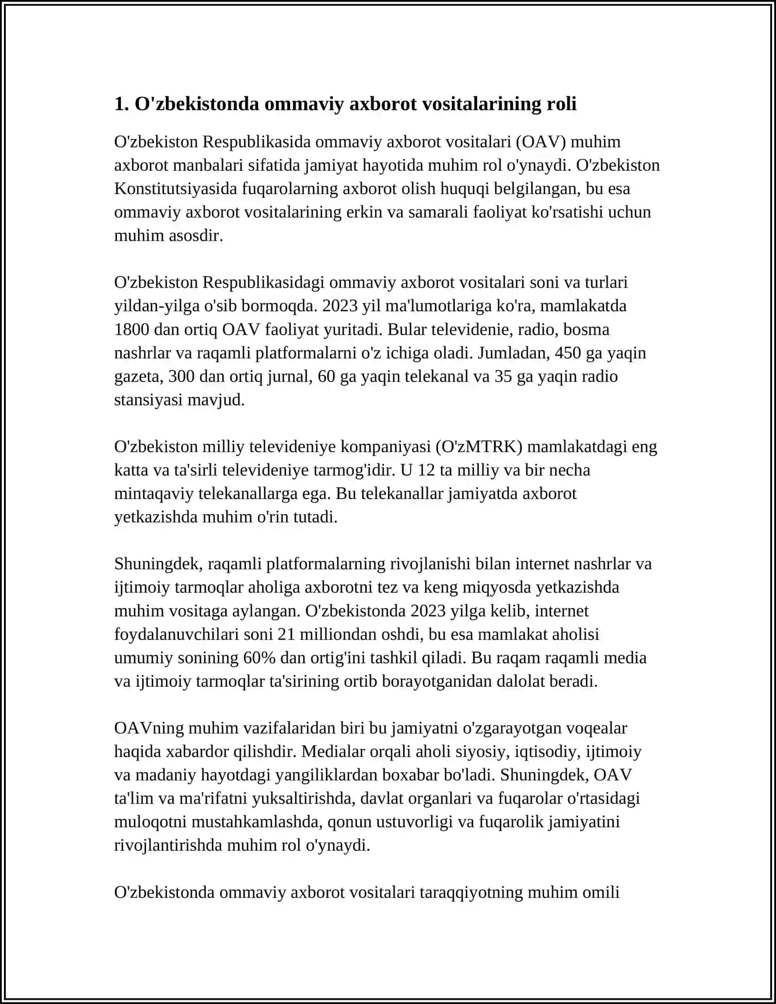O'ZBEKISTON RESPUBLIKASIDA OMMAVIY AXBOROT VOSITALARINING FAOLIYATI 4