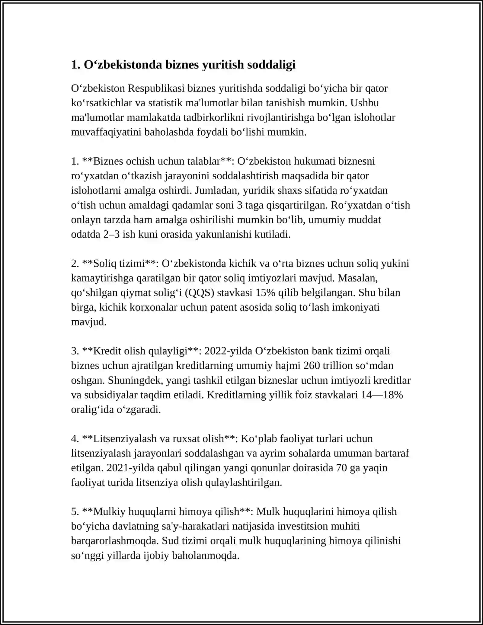 O‘ZBEKISTONNING “BIZNES YURITISH INDEKSI”, BOSHQARUV SIFATI INDIKATORLARIDA TUTGAN O`RNI 4