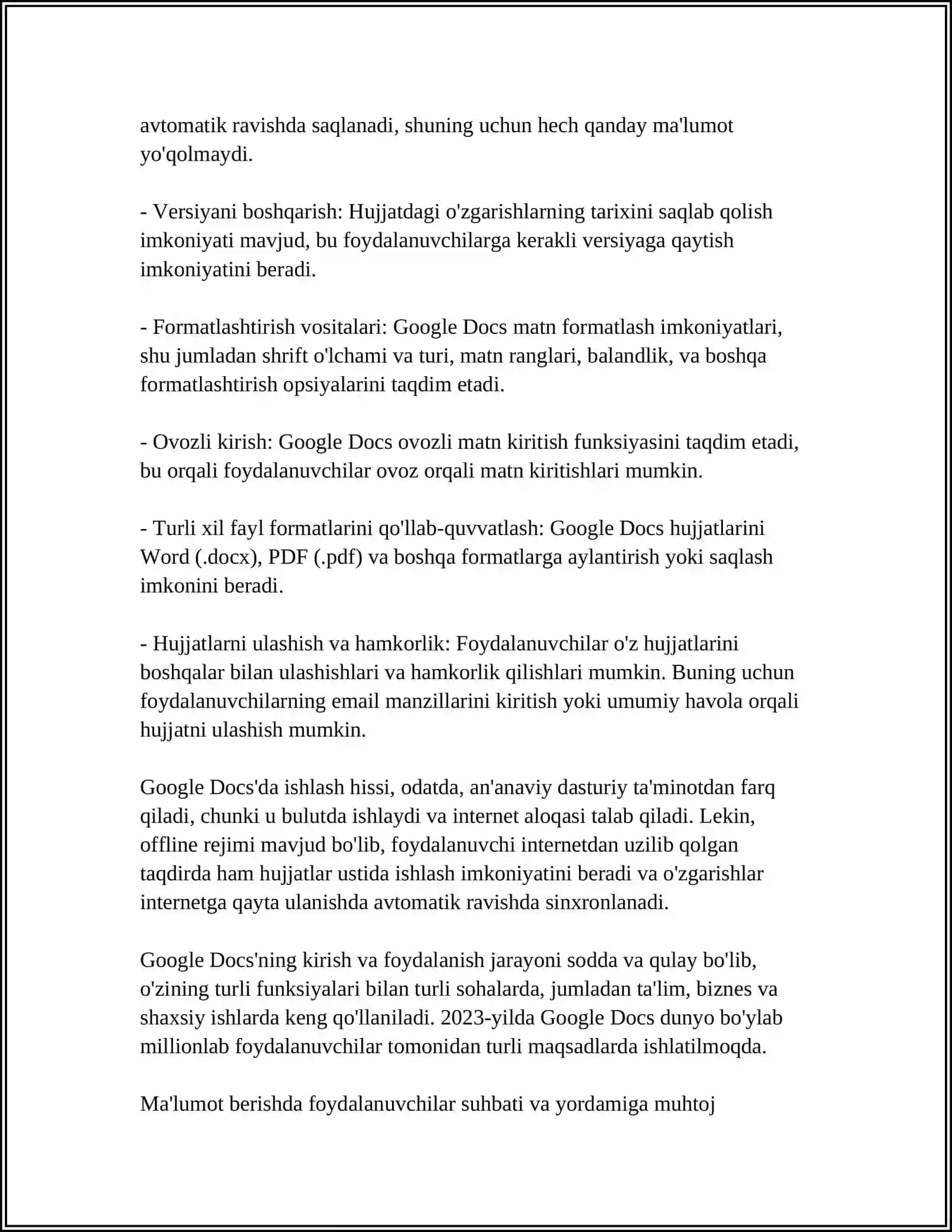 GOOGLE DOCS DASTURI BILAN ISHLASH 4