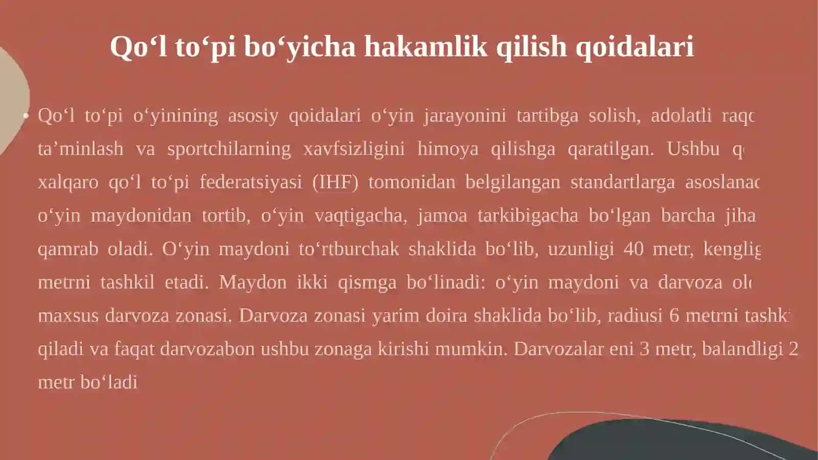 Qo‘l to‘pi bo‘yicha hakamlik qilish qoidalari, hakamlarning vazifalari, musobaqalar 4