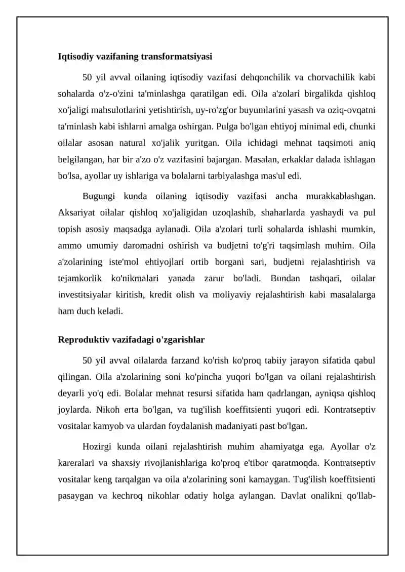 50 yil avval oilaga xos bo'lgan funksiyalarni bugungi kunda mavjud funksiyalar bilan taqqoslash. 4