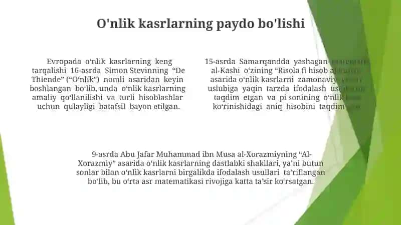 Kasr va o'nlik kasrlar tarixidan dalillar 4