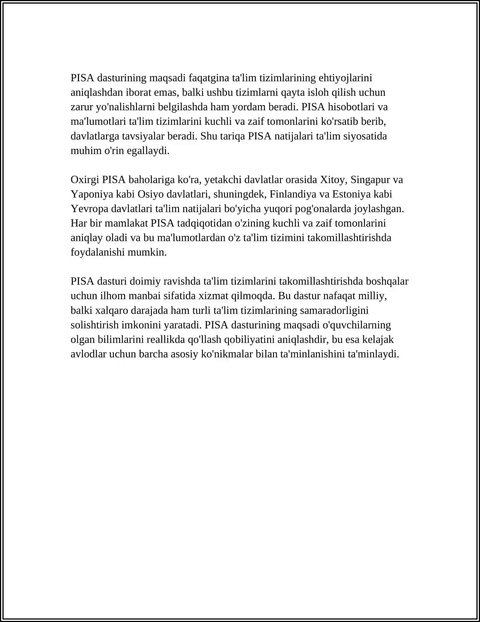 PISA XALQARO BAHOLASH DASTURI HAQIDA ASOSIY MA’LUMOTLAR 4