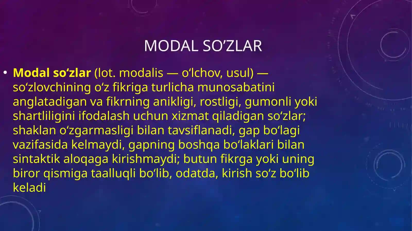 Alohida olingan so’zlar:Modal, taqlid, undov so’zlar 4