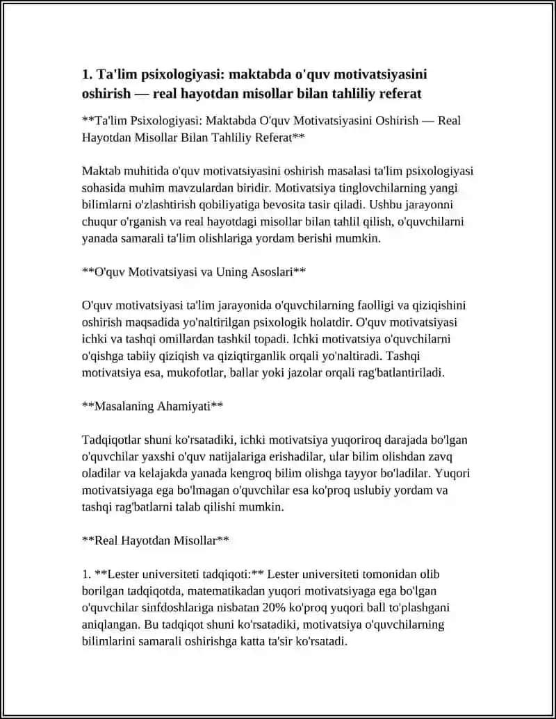 Ta'lim Psixologiyasi: Maktabda O'quv Motivatsiyasini Oshirish — Real Hayotdan Misollar Bilan Tahliliy Referat 4
