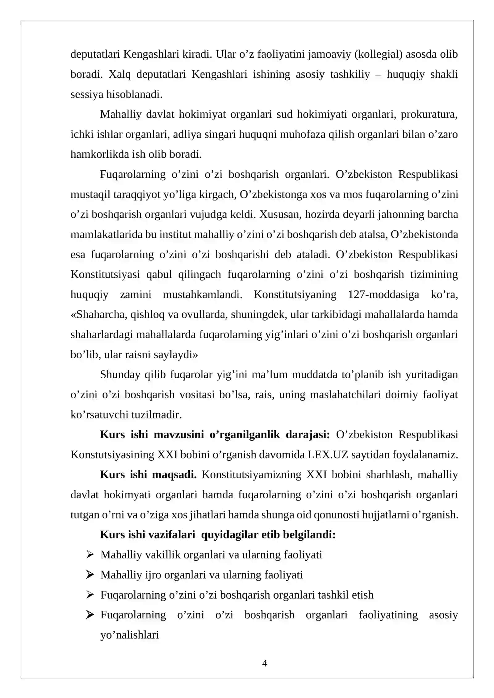 “MAHALLIY DAVLAT HOKIMIYATI ASOSLARI. FUQAROLARNING O’ZINI-O’ZI BOSHQARISH ORGANLARI” MAVZUSIDAGI KURS ISHI 4