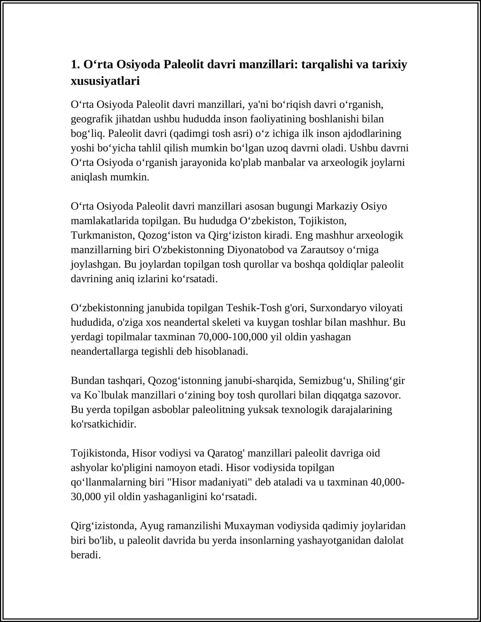 Oʻrta Osiyoda Paleolit davri manzillari: tarqalishi va tarixiy xususiyatlari 4