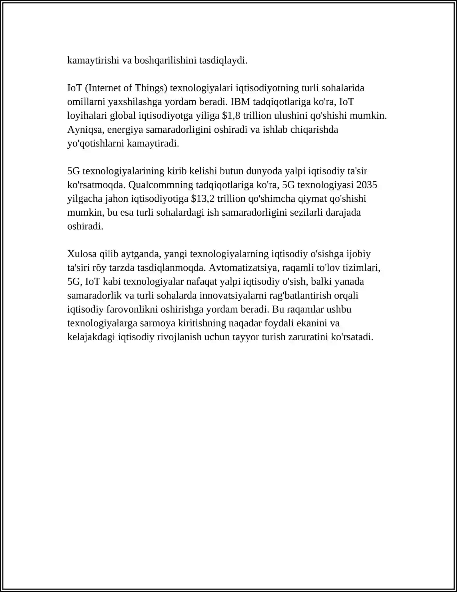 YANGI TEXNOLOGIYALARNING IQTISODIY SAMARADORLIGI 4